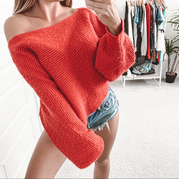 Free People Sweaters - Free People Easy Days Off the Shoulder Sweater Red